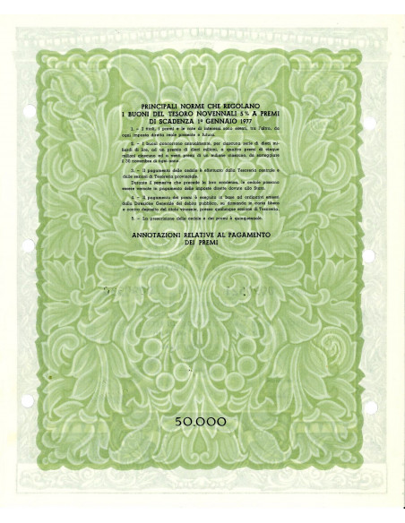 1968 - BUONI DEL TESORO NOVENNALI 5% - 50.000 LIRE - ROMA (Allegoria di Venezia, verde)