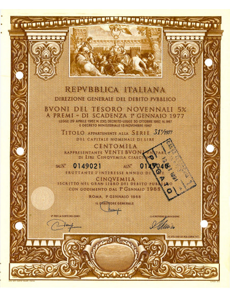1968 - BUONI DEL TESORO NOVENNALI 5% - 100.000 LIRE - ROMA (Allegoria di Venezia, marrone)