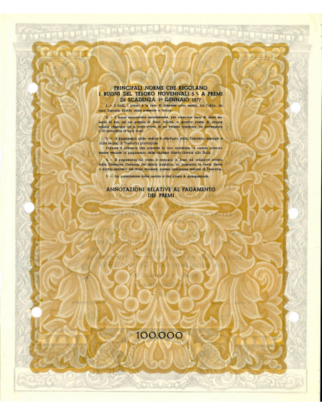 1968 - BUONI DEL TESORO NOVENNALI 5% - 100.000 LIRE - ROMA (Allegoria di Venezia, marrone)