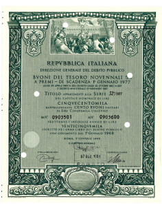 1968 - BUONI DEL TESORO NOVENNALI 5% - 500.000 LIRE -...