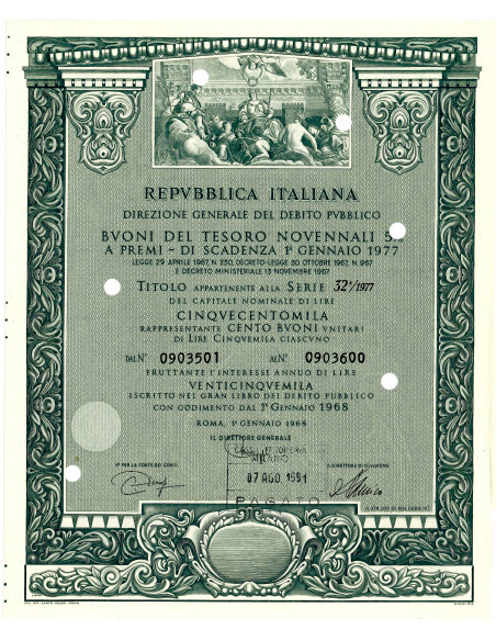 1968 - BUONI DEL TESORO NOVENNALI 5% - 500.000 LIRE - ROMA (Allegoria di Venezia, grigio)