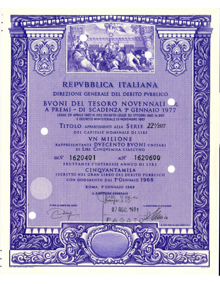 1968 - BUONI DEL TESORO NOVENNALI 5% - 1.000.000 LIRE - ROMA (Allegoria di Venezia, viola)