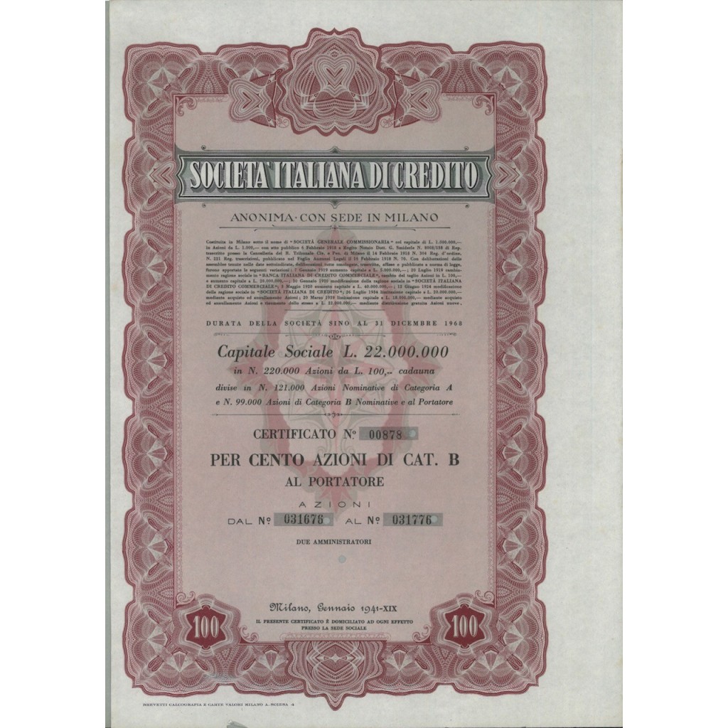 SOCIETA' ITALIANA DI CREDITO - 100 AZIONI MILANO 1941