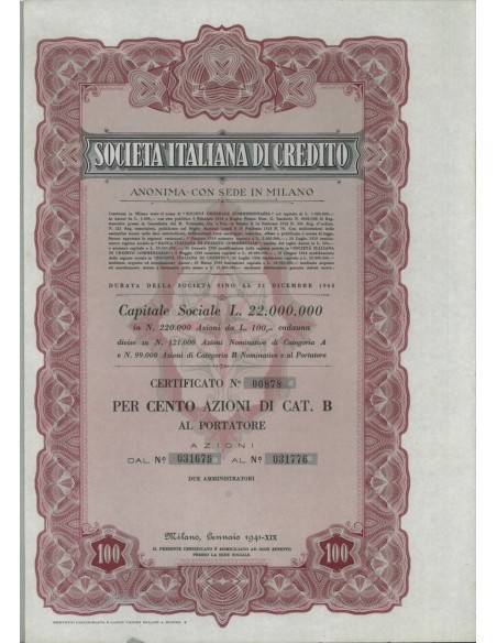 SOCIETA' ITALIANA DI CREDITO - 100 AZIONI MILANO 1941