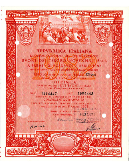 1973 - BUONI DEL TESORO NOVENNALI 5,5% - 10.000 LIRE - ROMA (Allegoria di Venezia, rosso)