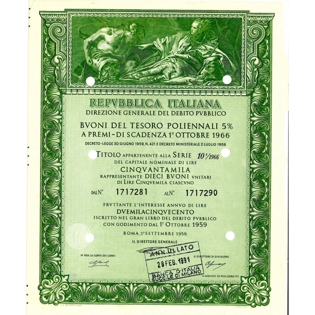 1959 - BUONI DEL TESORO NOVENNALI 5% - 50.000...
