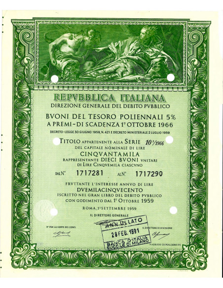 1959 - BUONI DEL TESORO NOVENNALI 5% - 50.000 LIRE - ROMA (Nettuno offre doni a Venezia, verde)