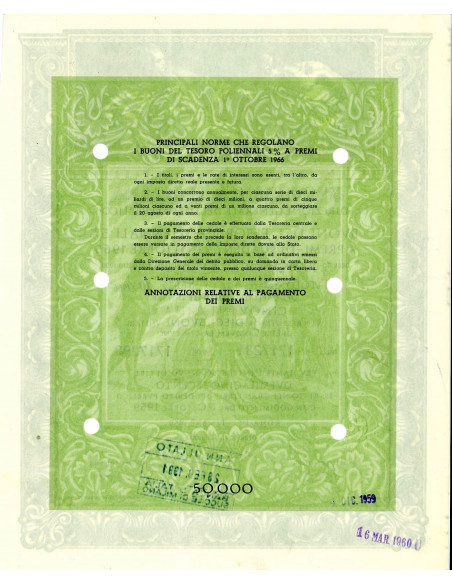 1959 - BUONI DEL TESORO NOVENNALI 5% - 50.000 LIRE - ROMA (Nettuno offre doni a Venezia, verde)