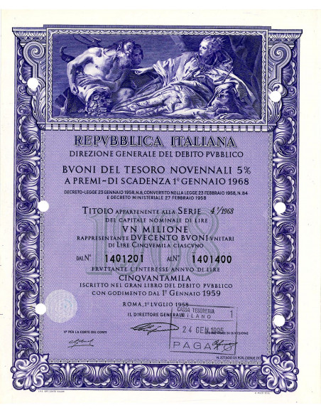 1959 - BUONI DEL TESORO NOVENNALI 5% - 1.000.000 LIRE - ROMA (Nettuno offre doni a Venezia, viola)