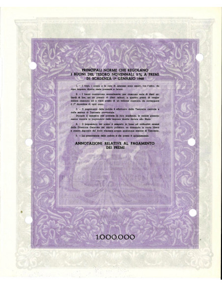 1959 - BUONI DEL TESORO NOVENNALI 5% - 1.000.000 LIRE - ROMA (Nettuno offre doni a Venezia, viola)
