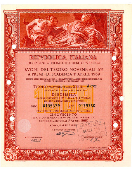 1960 - REPUBBLICA ITALIANA BUONI DEL TESORO NOVENNALI 5% - 10.000 LIRE - ROMA (Nettuno offre doni a Venezia, rosso)