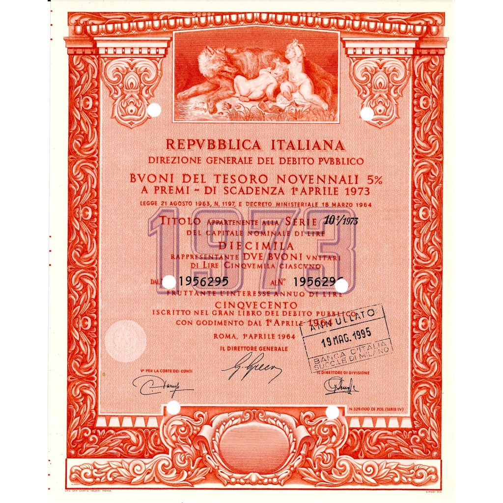 1964 - BUONI DEL TESORO NOVENNALI 5% - 10.000...
