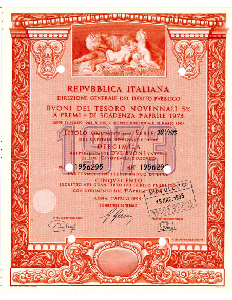 1964 - BUONI DEL TESORO NOVENNALI 5% - 10.000 LIRE - ROMA (Romolo e Remo nutriti dalla lupa, rosso)