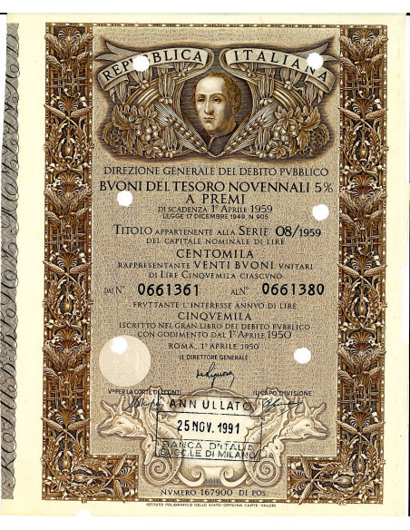1950 - BUONI DEL TESORO NOVENNALI 5% - 100.000 LIRE - ROMA (Cristoforo Colombo, marrone)