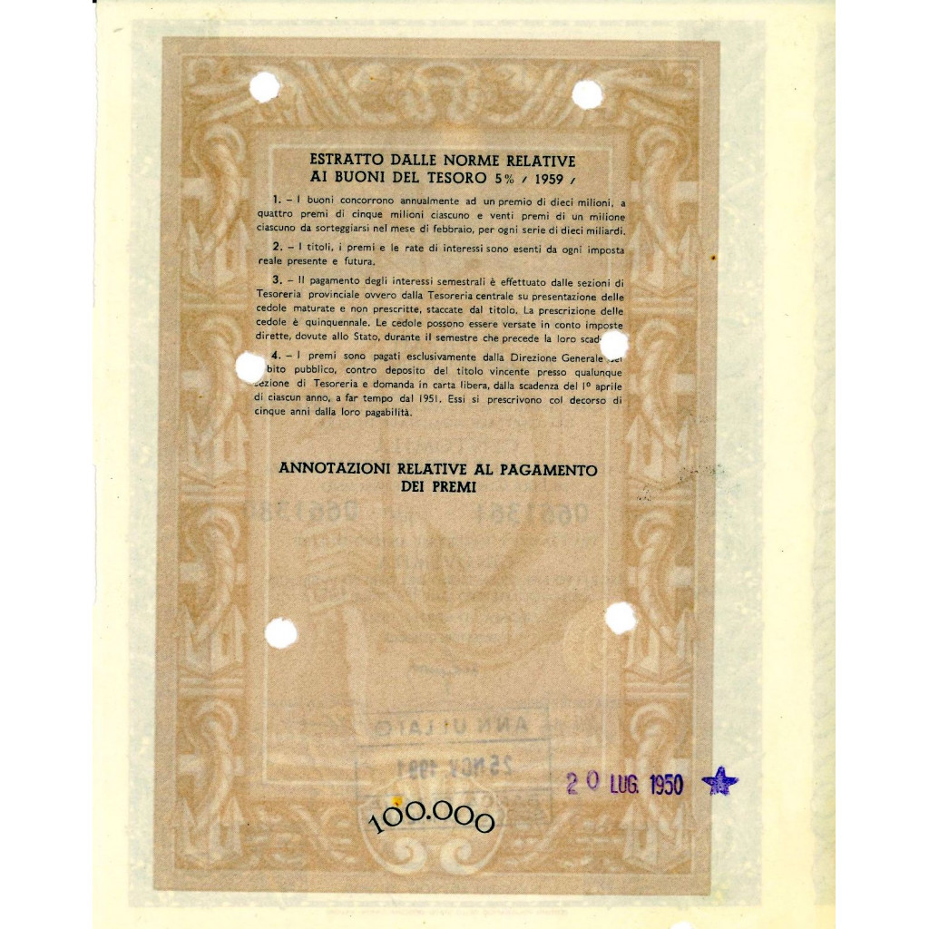 1950 - BUONI DEL TESORO NOVENNALI 5% - 100.000...