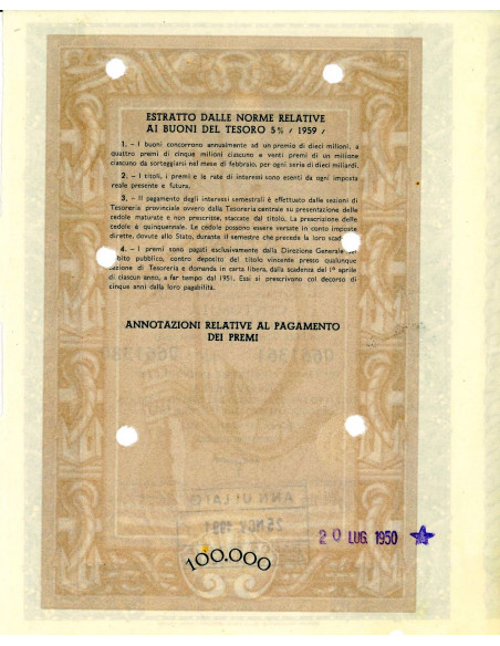 1950 - BUONI DEL TESORO NOVENNALI 5% - 100.000 LIRE - ROMA (Cristoforo Colombo, marrone)