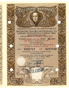 1951 - BUONI DEL TESORO NOVENNALI 5% - 100.000 LIRE -...