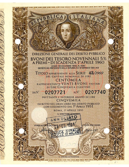 1951 - BUONI DEL TESORO NOVENNALI 5% - 100.000 LIRE - ROMA (Cristoforo Colombo, marrone)