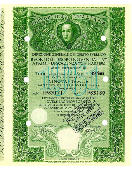 1952 - BUONI DEL TESORO NOVENNALI 5% - 50.000 LIRE - ROMA (Cristoforo Colombo, verde)