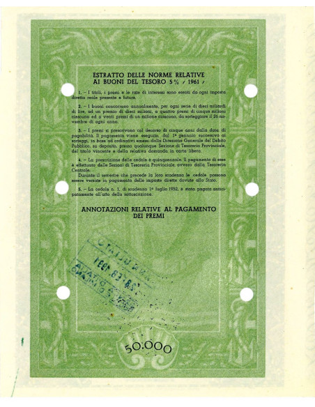 1952 - BUONI DEL TESORO NOVENNALI 5% - 50.000 LIRE - ROMA (Cristoforo Colombo, verde)