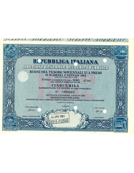 1953 - BUONI DEL TESORO NOVENNALI 5% - 5.000 LIRE - ROMA (Allegoria, blu)