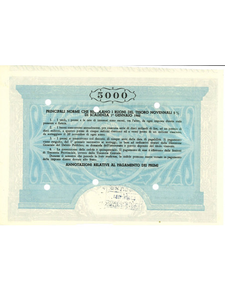 1953 - BUONI DEL TESORO NOVENNALI 5% - 5.000 LIRE - ROMA (Allegoria, blu)
