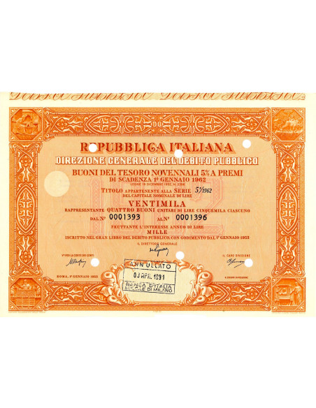 1953 - BUONI DEL TESORO NOVENNALI 5% - 20.000 LIRE - ROMA (Allegoria, arancione)