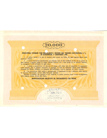 1953 - BUONI DEL TESORO NOVENNALI 5% - 20.000 LIRE - ROMA (Allegoria, arancione)
