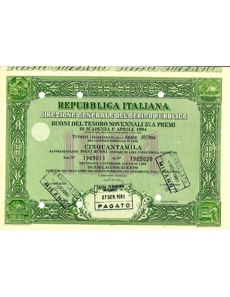 1955 - BUONI DEL TESORO NOVENNALI 5% - 50.000 LIRE - ROMA (Allegoria, verde)