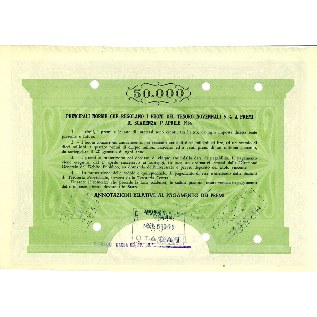 1955 - BUONI DEL TESORO NOVENNALI 5% - 50.000...