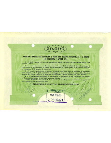 1955 - BUONI DEL TESORO NOVENNALI 5% - 50.000 LIRE - ROMA (Allegoria, verde)