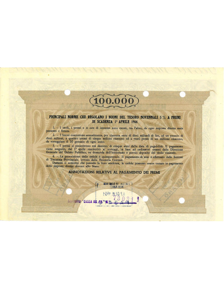 1955 - BUONI DEL TESORO NOVENNALI 5% - 100.000 LIRE - ROMA (Allegoria, marrone)