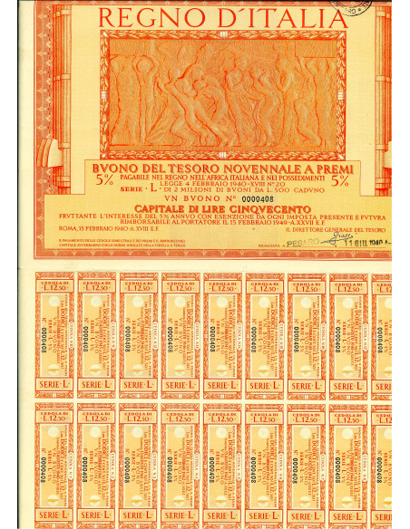 1940/02 - BUONO DEL TESORO NOVENNALE A PREMI 5% LIRE 500 NON CANCELLATO - ROMA