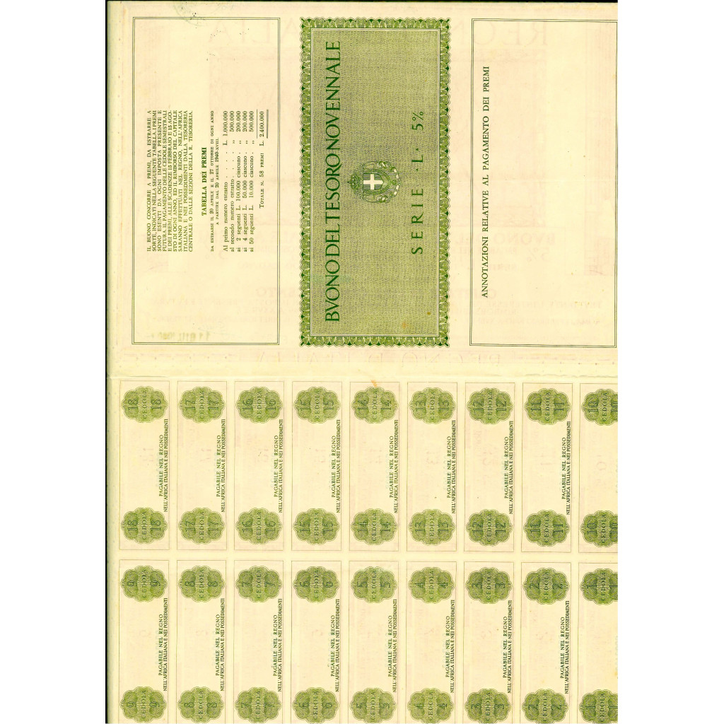 1940/02 - BUONO DEL TESORO NOVENNALE A PREMI 5%...