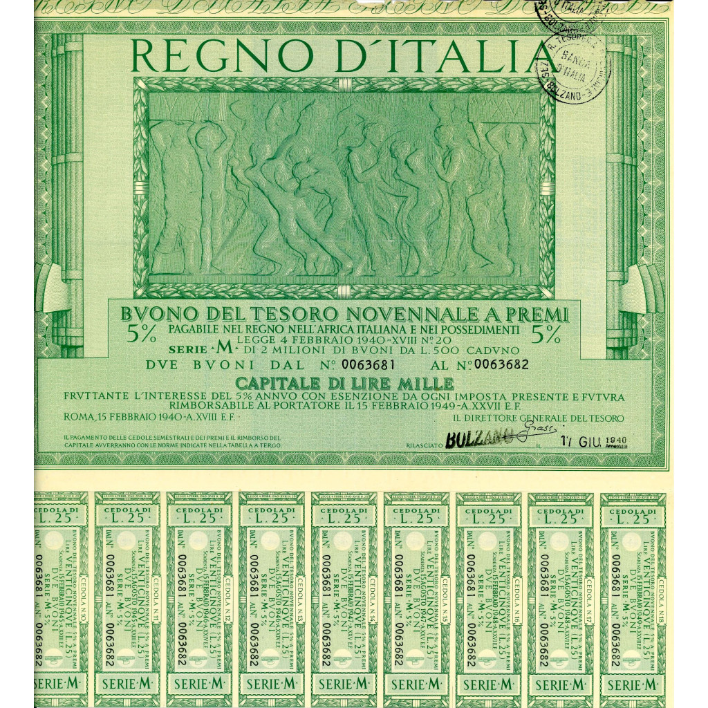 1940/02 - BUONO DEL TESORO NOVENNALE A PREMI  5% LIRE 1.000 - ROMA
