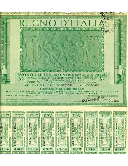 1940/02 - BUONO DEL TESORO NOVENNALE A PREMI  5% LIRE 1.000 - ROMA