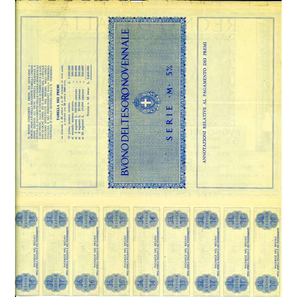 1940/02 - BUONO DEL TESORO NOVENNALE A PREMI...