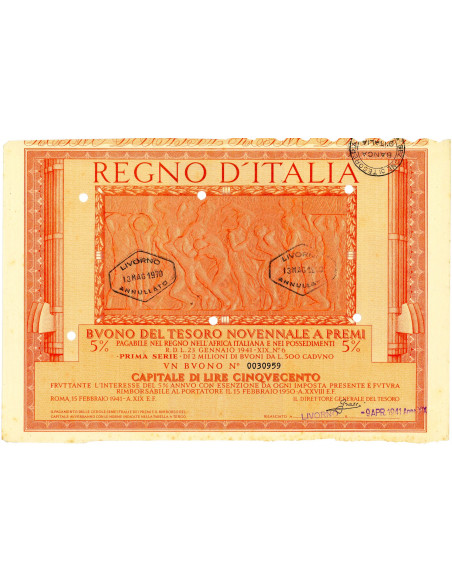 1941 /02 - BUONO DEL TESORO NOVENNALE A PREMI 5% LIRE 500  - ROMA