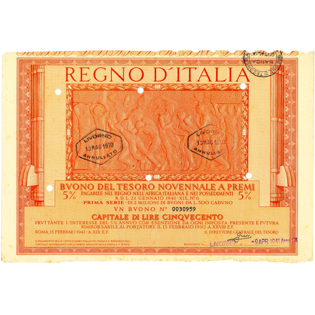 1941 02 Buono Del Tesoro Novennale A Premi 5 Lire 500 Roma 5907