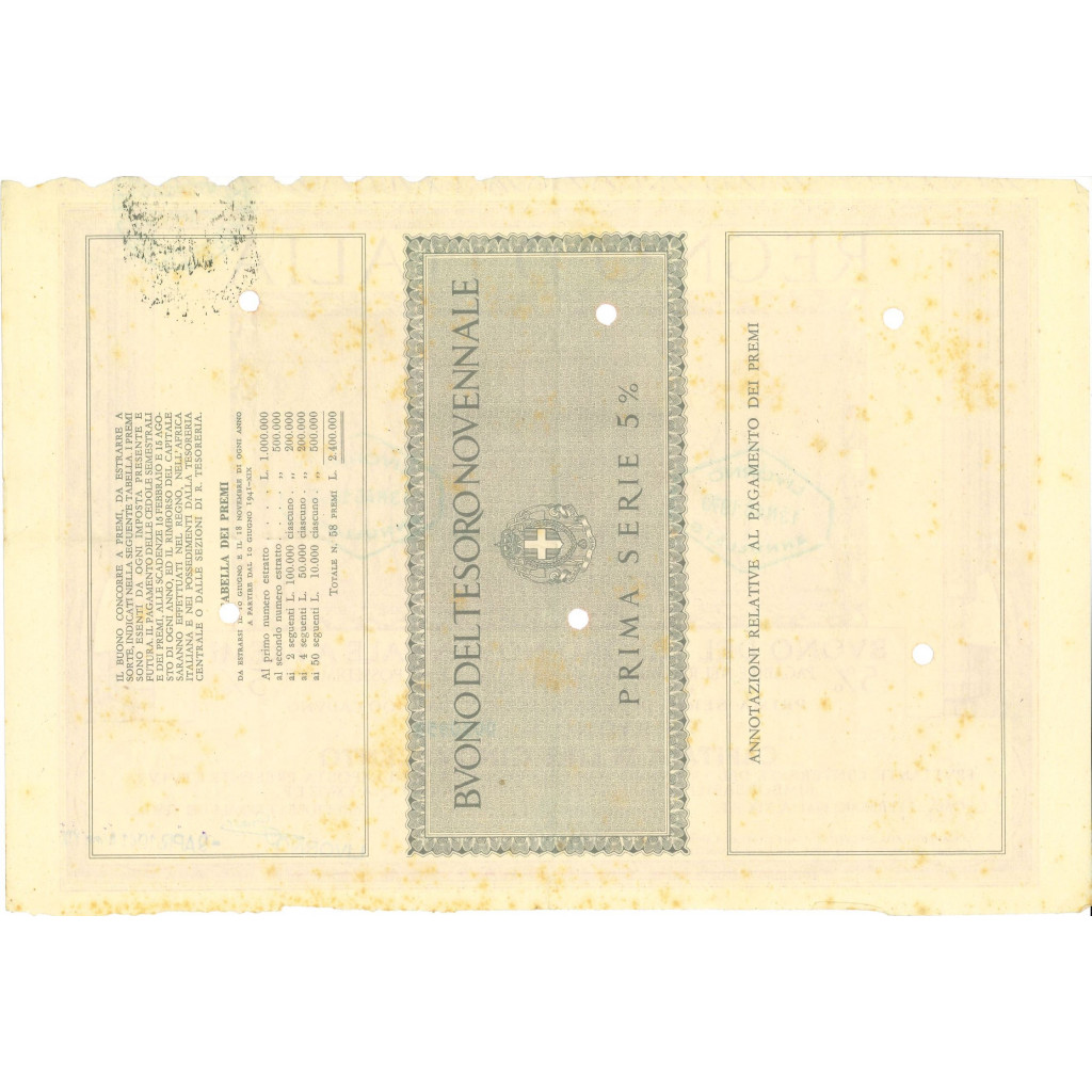 1941 /02 - BUONO DEL TESORO NOVENNALE A PREMI...