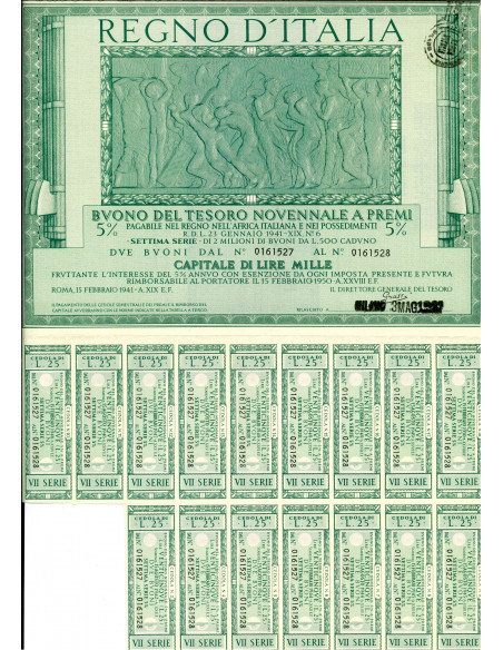 1941 /02 - BUONO DEL TESORO NOVENNALE A PREMI 5% LIRE 1.000  NON CANCELLATO- ROMA