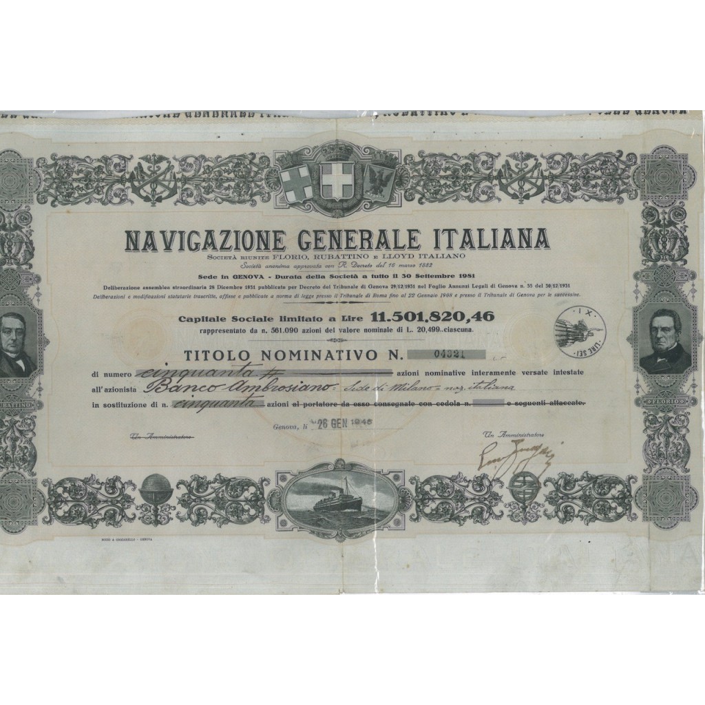 NAVIGAZIONE GENERALE ITALIANA - 50 AZIONI GENOVA 1946