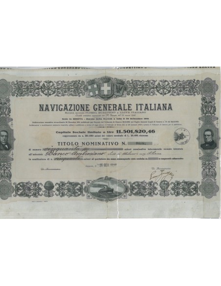 NAVIGAZIONE GENERALE ITALIANA - 50 AZIONI GENOVA 1946