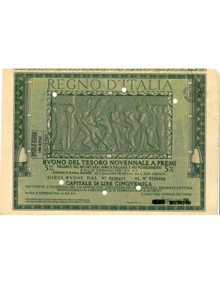 1941 /02 - BUONO DEL TESORO NOVENNALE A PREMI 5% LIRE 5.000 - ROMA