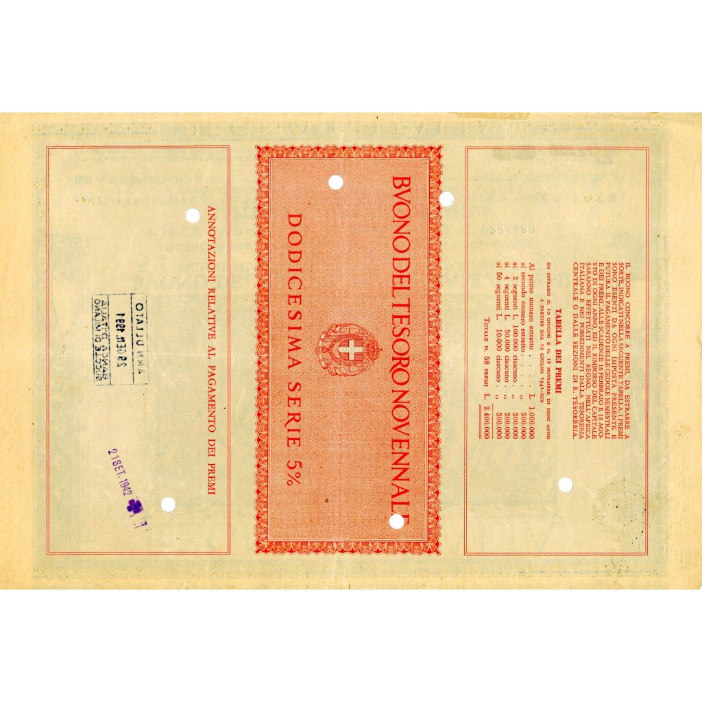1941 /02 - BUONO DEL TESORO NOVENNALE A PREMI...
