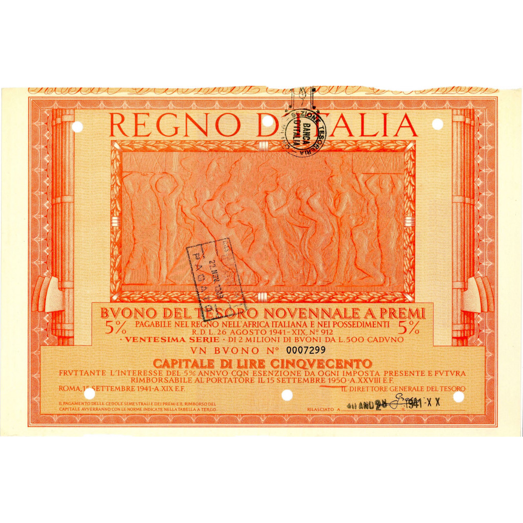 1941 /09 - BUONO DEL TESORO NOVENNALE A PREMI...