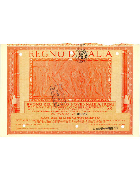 1941 /09 - BUONO DEL TESORO NOVENNALE A PREMI 5% LIRE 500 - ROMA