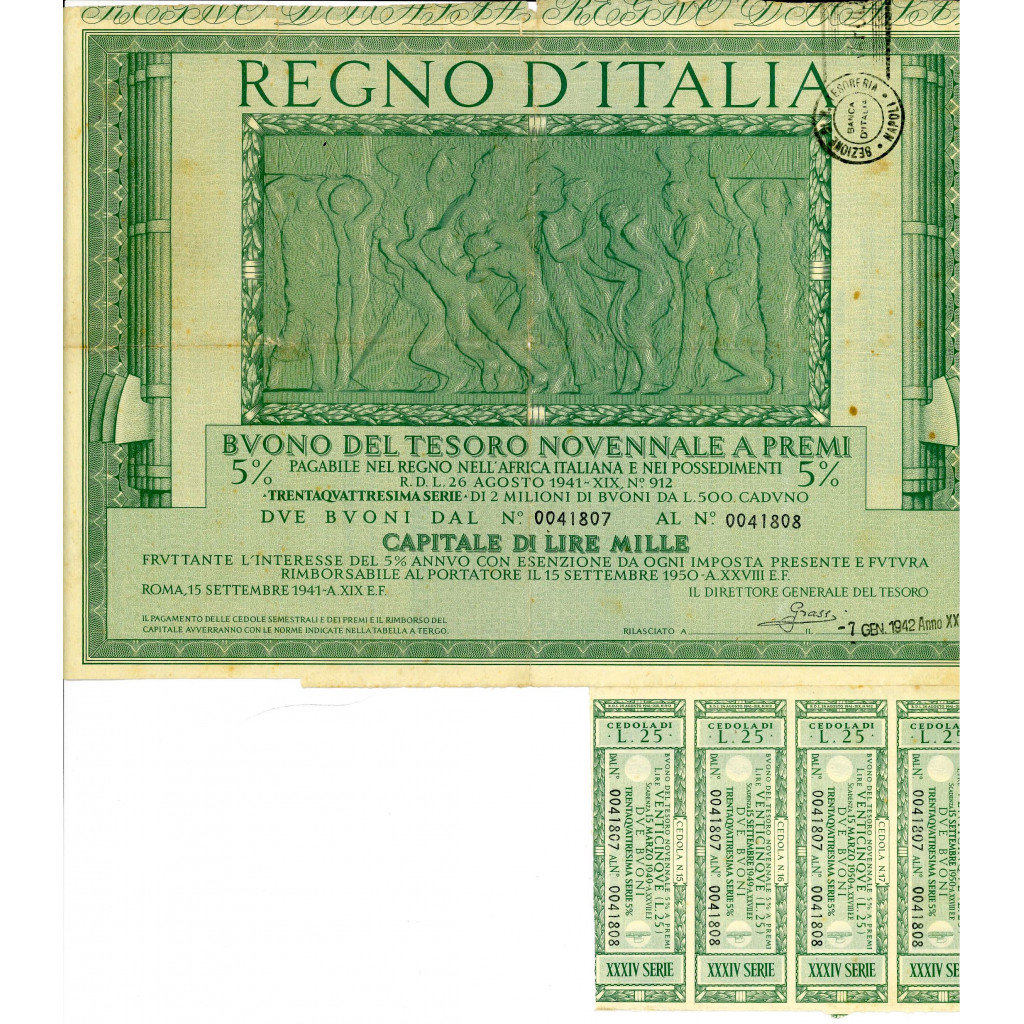 1941 /09 - BUONO DEL TESORO NOVENNALE A PREMI 5% LIRE 1.000 - ROMA