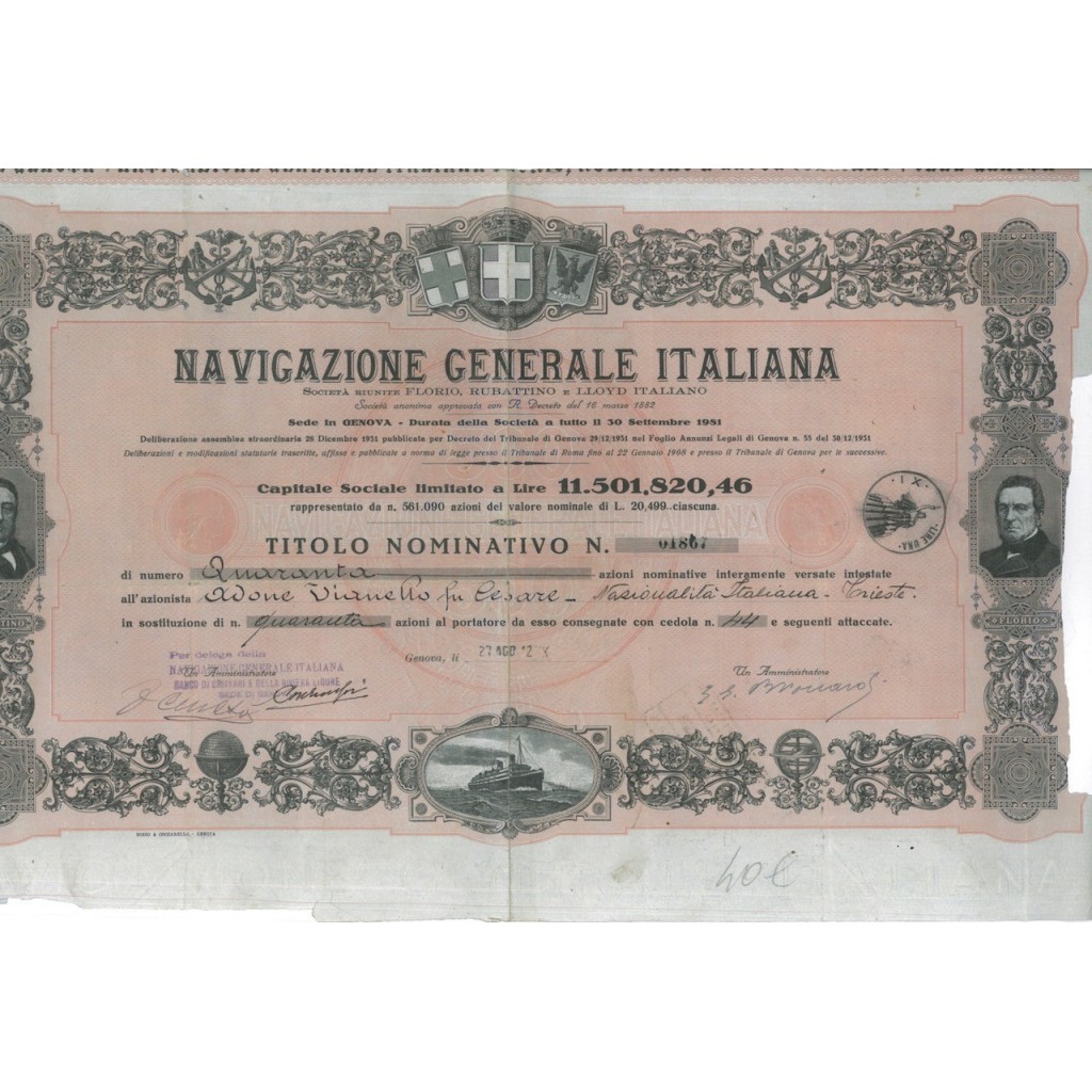 NAVIGAZIONE GENERALE ITALIANA - 40 AZIONI GENOVA 1942