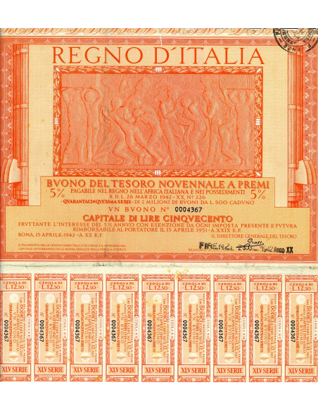 1942 /04 BUONO DEL TESORO NOVENNALE A PREMI 5 LIRE 500 ROMA